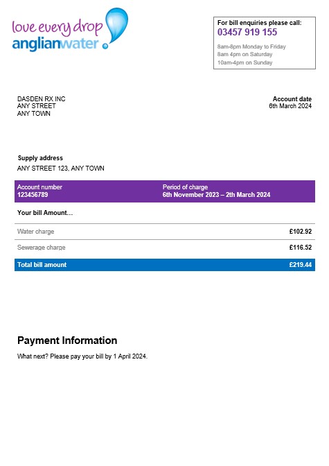 USA Anglian water business utility bill Word and PDF template PSD template